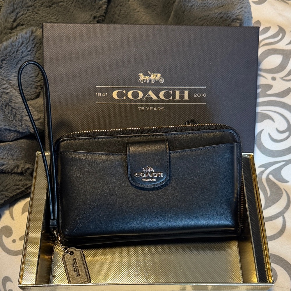 Coach Black Leather Wristlet with Strap